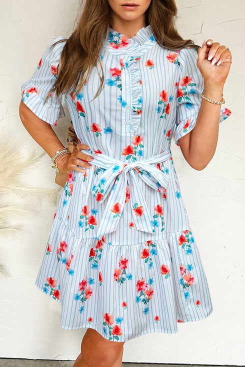 Playful Print Mix Ruffle Sleeve Tie Waist V Neck Mini Dress